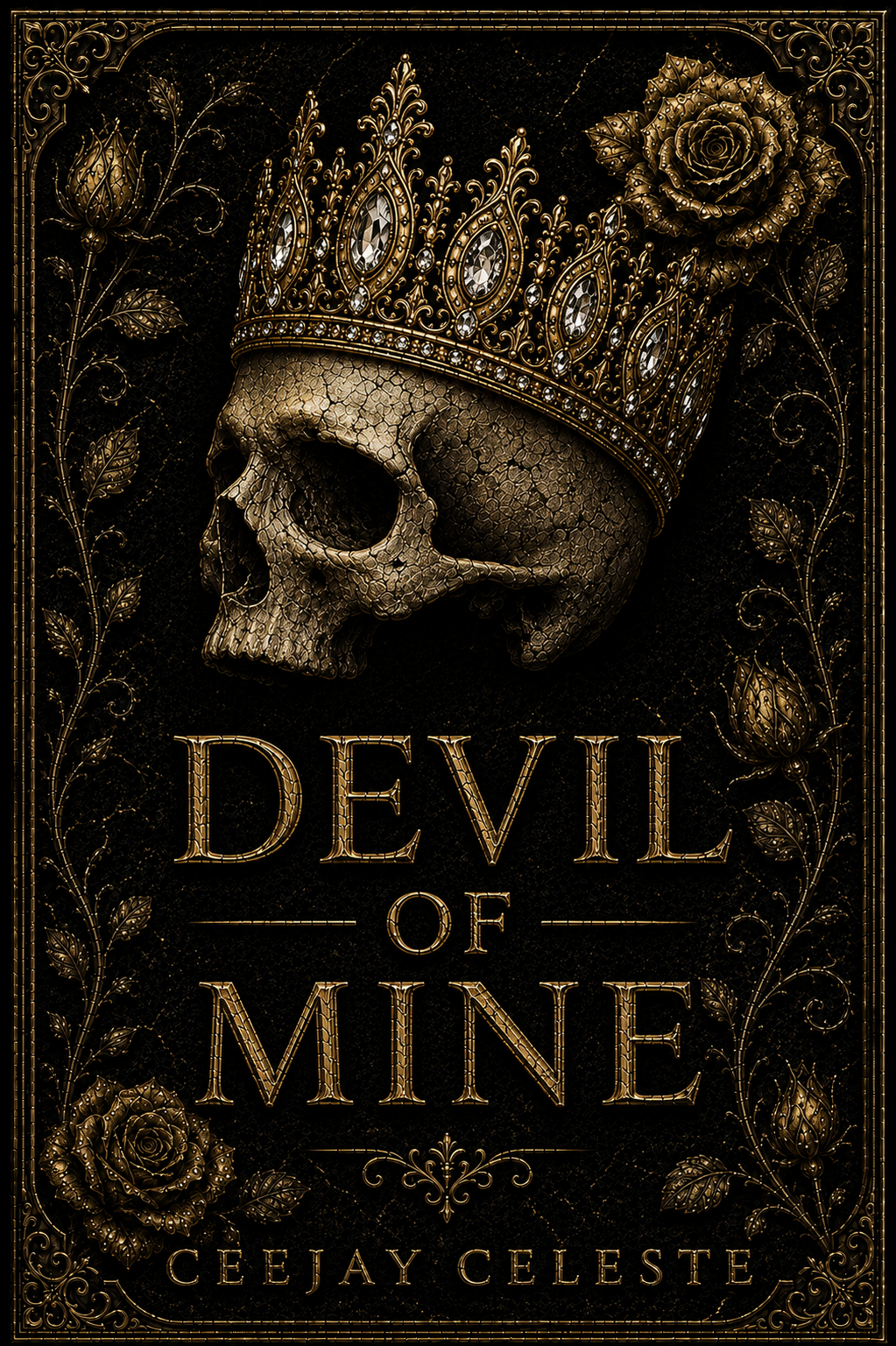 A dark ornate cover design featuring a human skull with cracked texture, adorned with a gold jeweled crown and decorative roses, with the title 'Devil of Mine' and the author's name 'Cejay Celeste' in gold lettering.