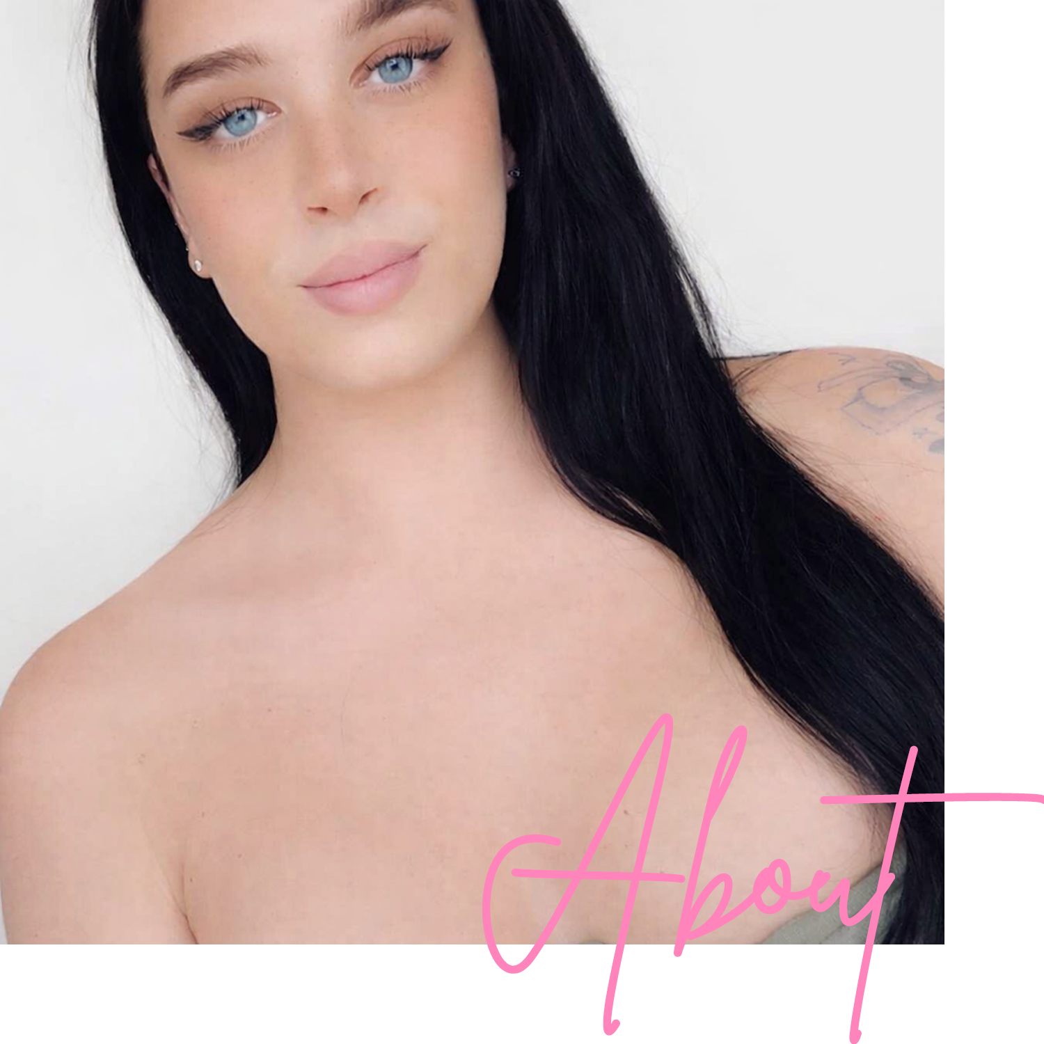 Close-up portrait of a young woman with long black hair and blue eyes, smiling softly, with the word "About" written in pink cursive text over her shoulder.