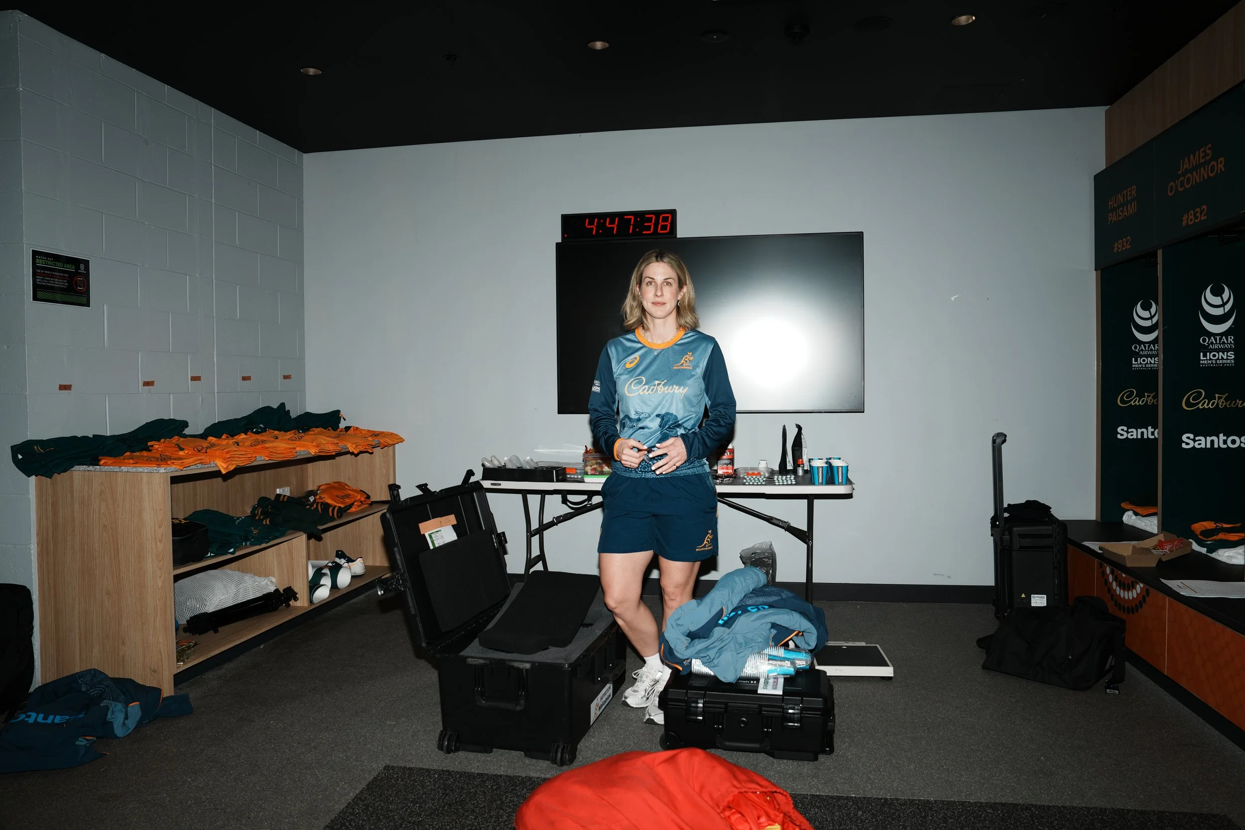 Eliza Freney, sports dietitian, sets up the game day nutrition for the Wallabies during the British and Irish Lions Series in 2025 in Australia