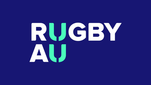 Rugby AU logo with the words 'RUGBY' and 'AU' on a blue background, using stylized U shapes in teal.