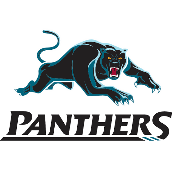 A black panther with blue highlights, snarling and leaping forward, above the word "PANTHERS" in bold black letters.