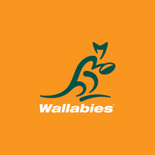 Wallabies logo on an orange background featuring a stylized wallaby with a leaf, with the word 'Wallabies' below.