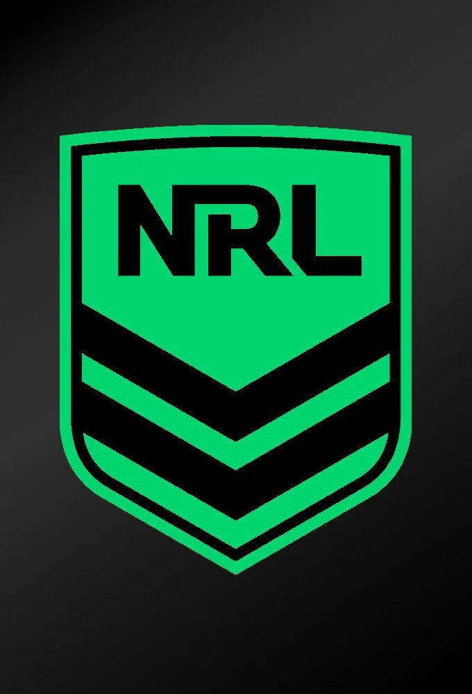 NRL logo with green and black shield design on a dark background.