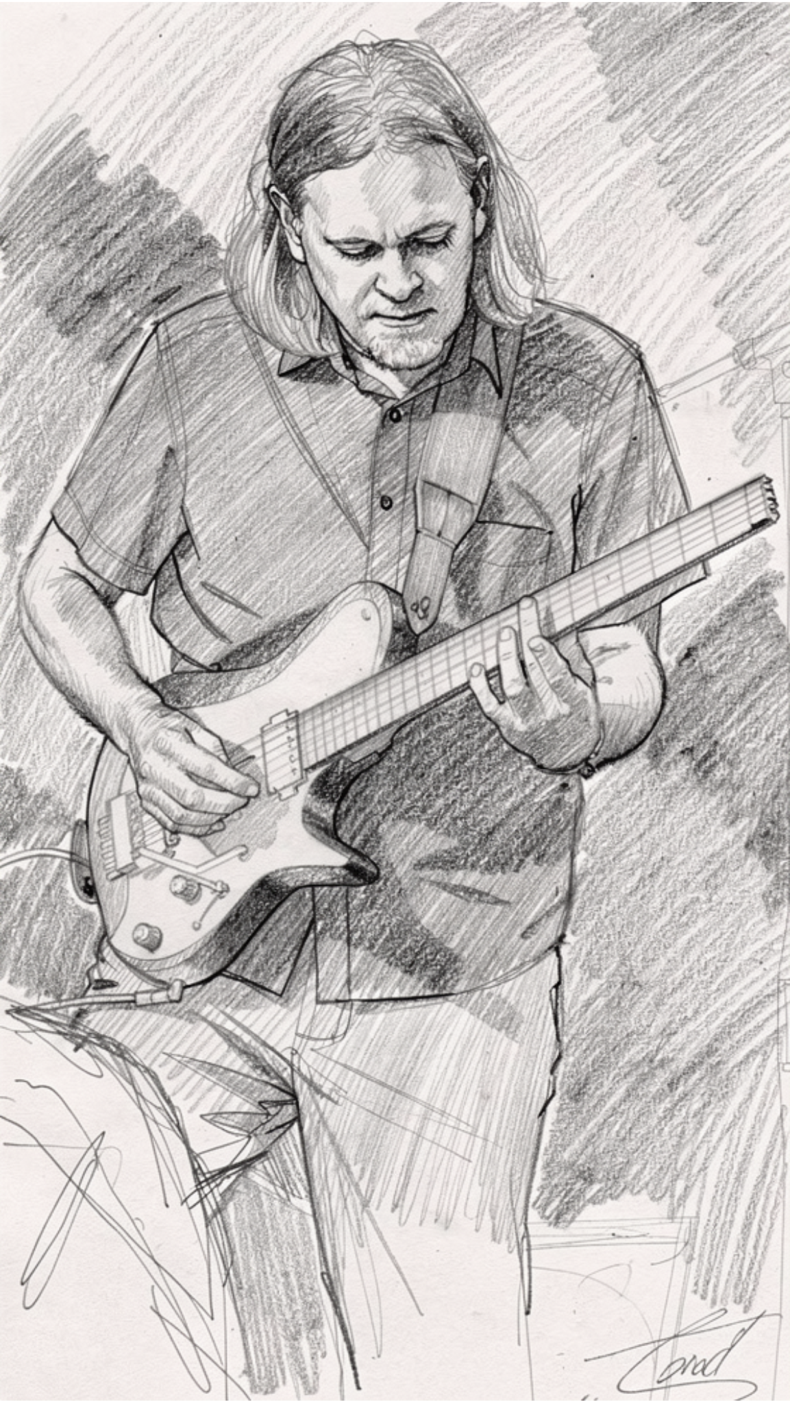Sketch of guitarist Rik Wright performing.