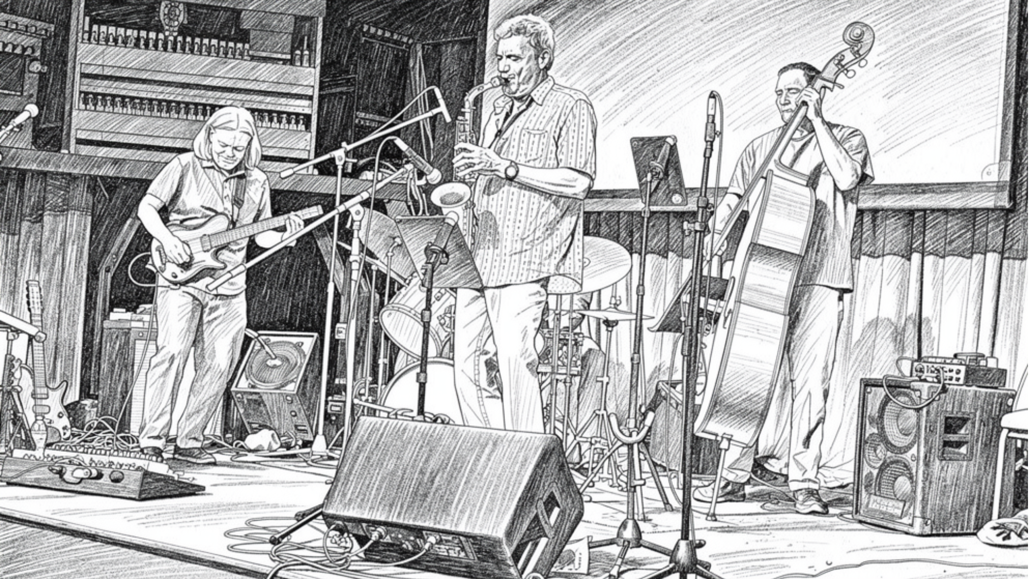 A black and white sketch of Rik Wright's Fundamental Forces live in concert.