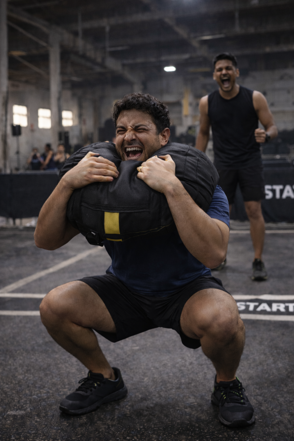 A man squatting in a gym, smiling and hugging a sandbag, with another man celebrating in the background.