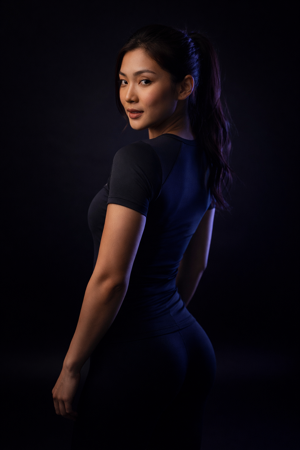 A young woman with long hair tied back, wearing a black athletic shirt, standing against a dark background with soft lighting highlighting her face and body.