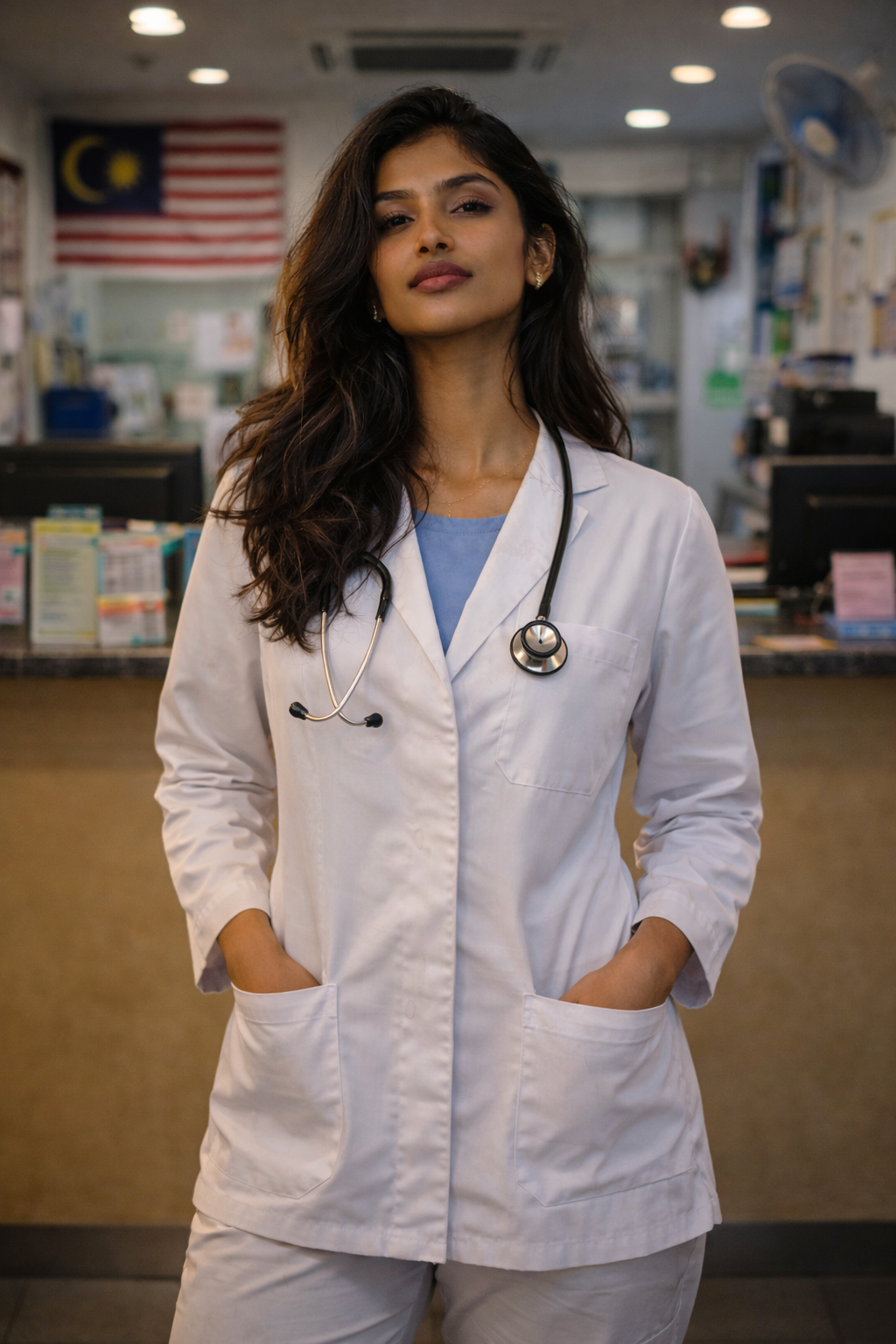 A woman doctor in a white lab coat and medical stethoscope standing in a hospital or clinic setting.