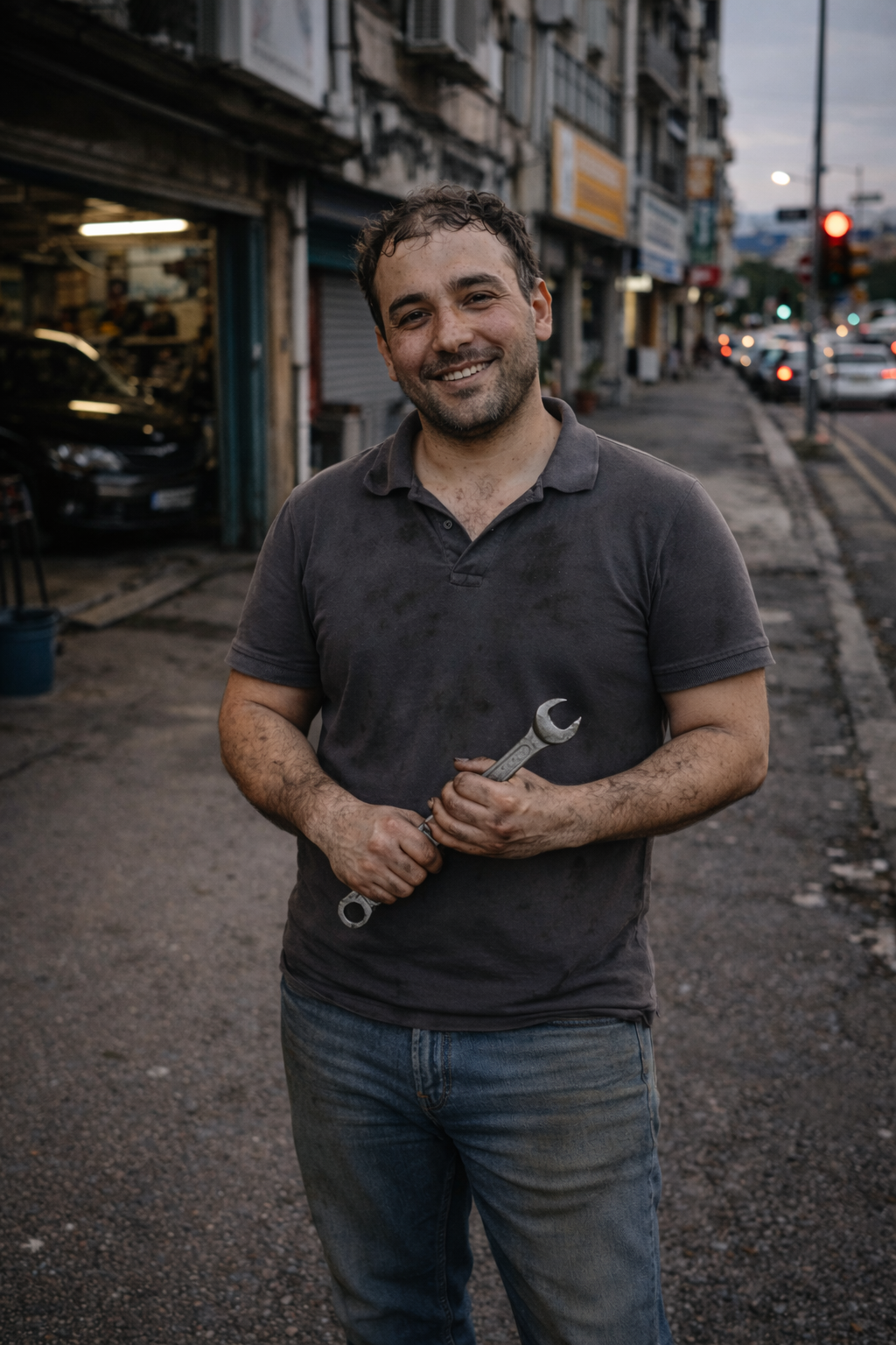 A smiling man holding a wrench stands on a city street during dusk. He wears a dark polo shirt and jeans, and his hands are dirty, suggesting manual work. The background shows shops, people, and traffic lights.