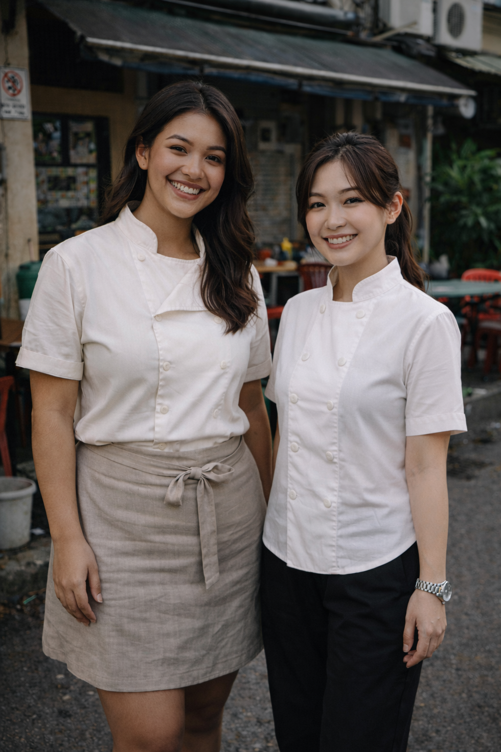 Two women wearing white chef uniforms smiling outdoors, standing in front of a restaurant or food stand.