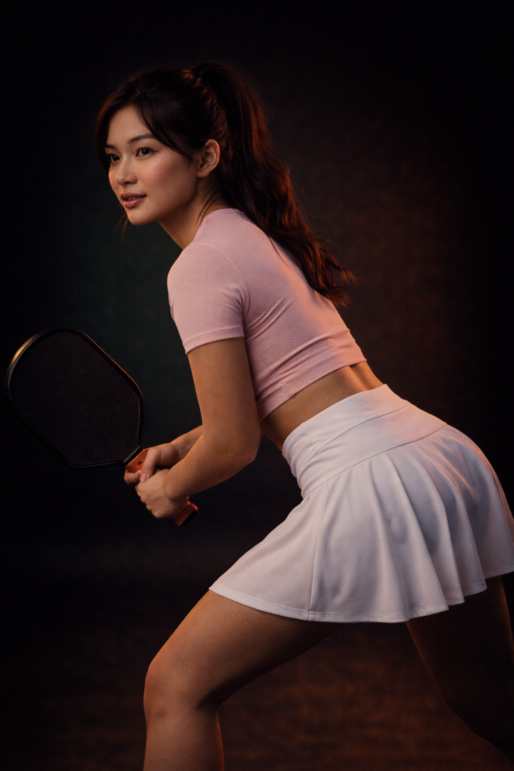 A woman with long dark hair in a ponytail, wearing a pink cropped shirt and a white tennis skirt, holding a paddle in a ready stance against a dark background.