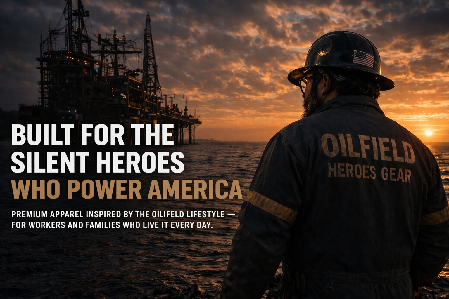 A worker in industrial oilfield gear watching the sunset over an offshore oil rig at sea, emphasizing the oilfield lifestyle.