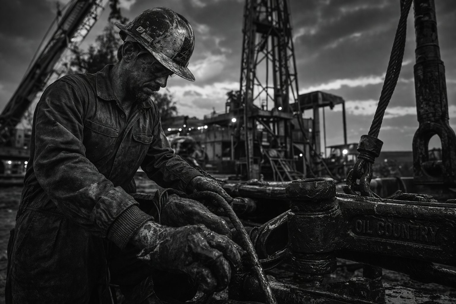 A worker in a hard hat and coveralls working on an oil drilling rig at dusk, with industrial equipment and a cloudy sky in the background.