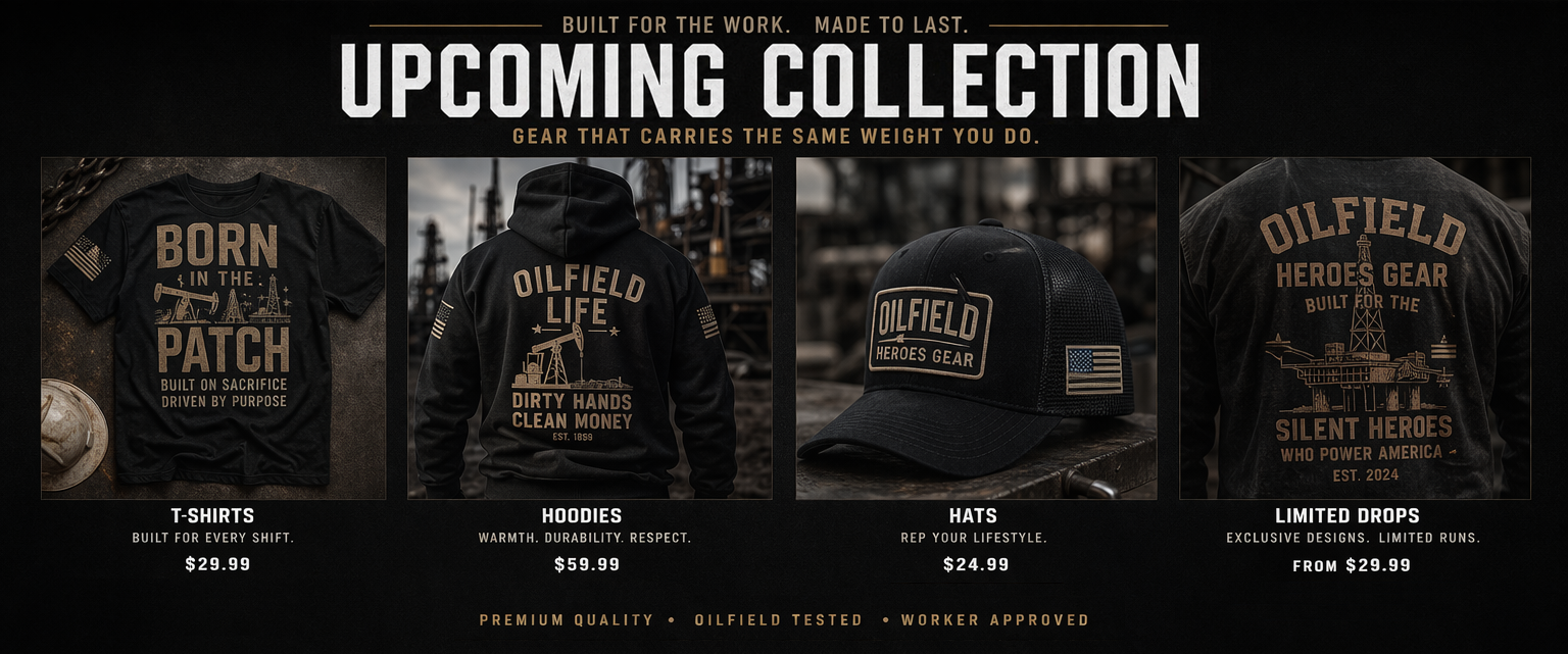An advertisement for Oilfield Gear featuring upcoming apparel collection, including a black T-shirt with oilfield graphics and text, a black hoodie with oilfield graphics and slogans, a black cap with a patch and American flag, and a black jacket with oilfield graphics and slogans, with prices listed for each item.