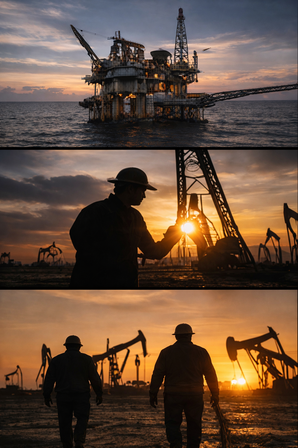 An offshore oil rig in the ocean at sunset, silhouetted workers in hard hats walking towards pumpjacks at an oil field during sunset.