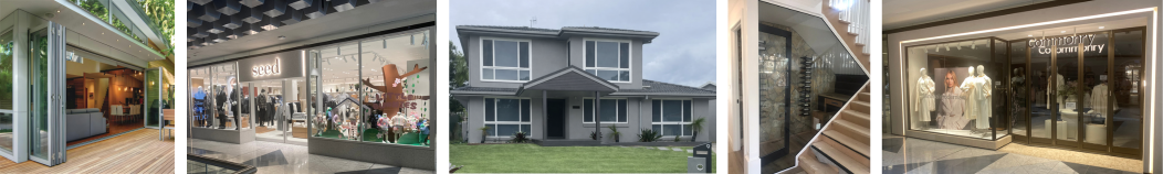 A collage of five storefronts and buildings, including a modern cafe or restaurant, a retail store with clothing displays, a large gray house, a staircase inside a building, and a clothing boutique with mannequins.
