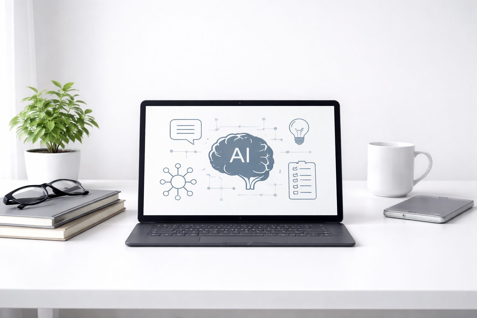 Desk with a laptop showing AI and brain graphic, a potted plant, glasses, stacked notebooks, a coffee mug, and a smartphone.