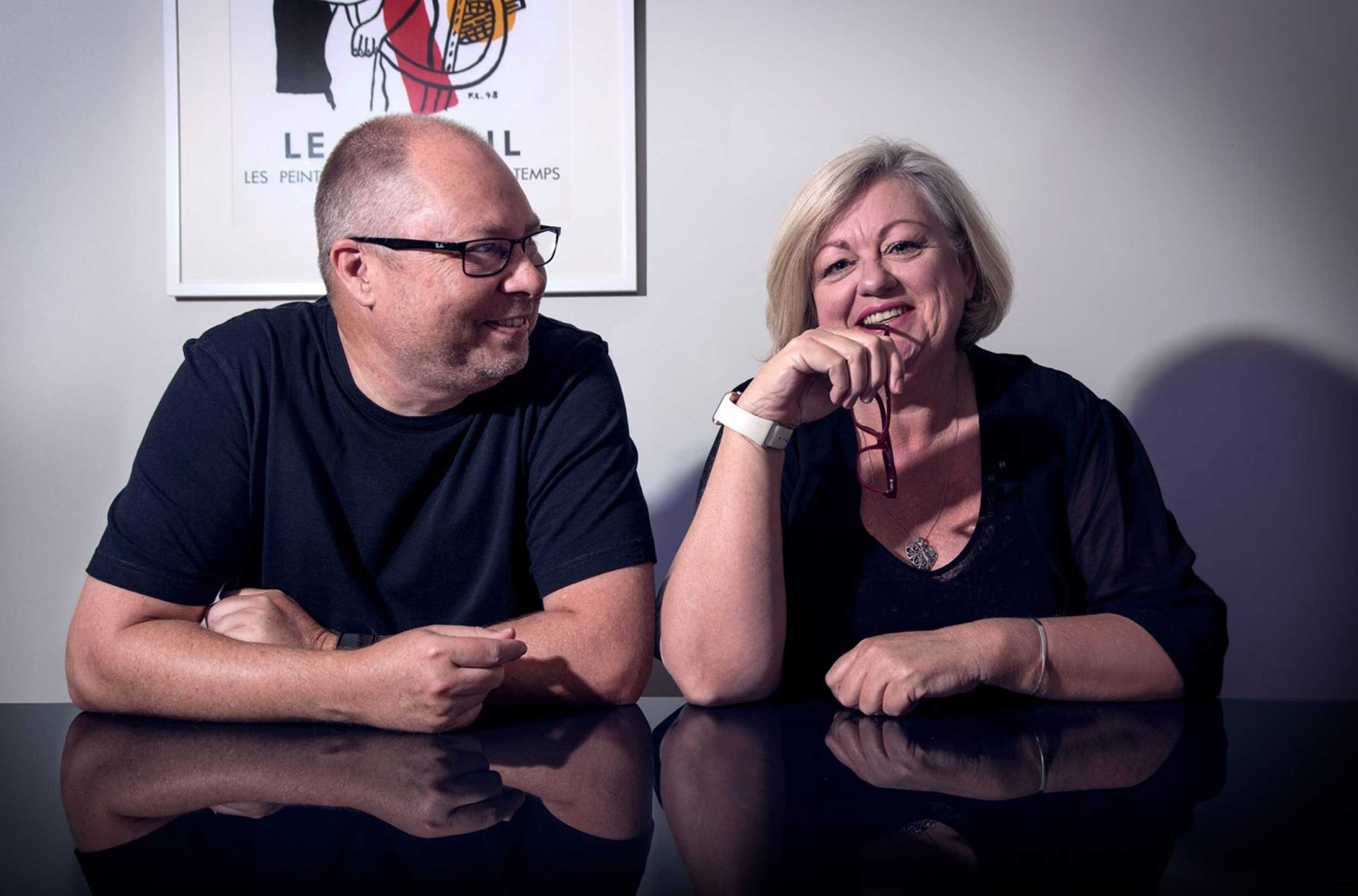 A photograph of Geoff and Tracy Founders of Dessein, a graphic design studio in Perth