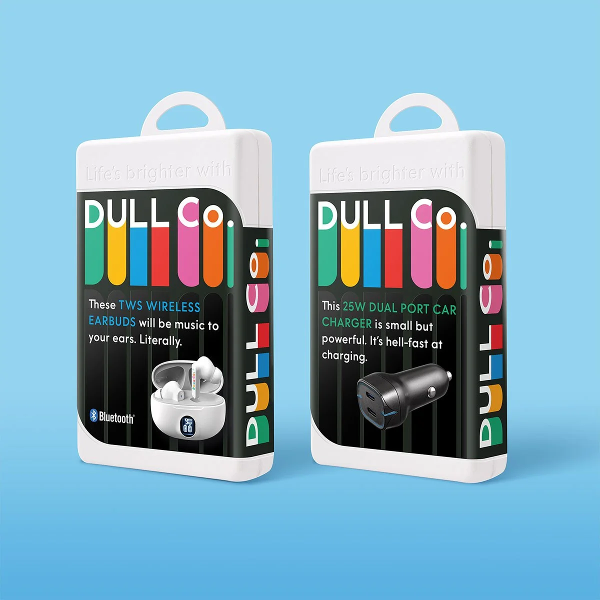 Our packaging design for Dull Co.'s wireless earbuds