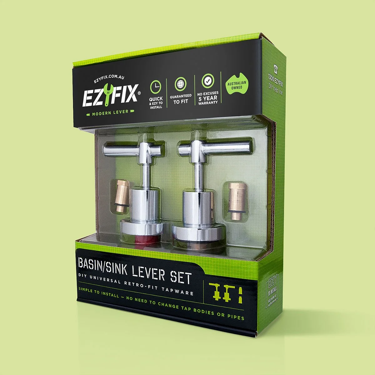 Our packaging design for Ezyfix's basin and sink lever set