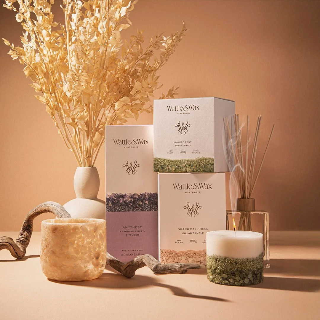 Custom packaging for Wattle & Wax's unique handcrafted luxury candles