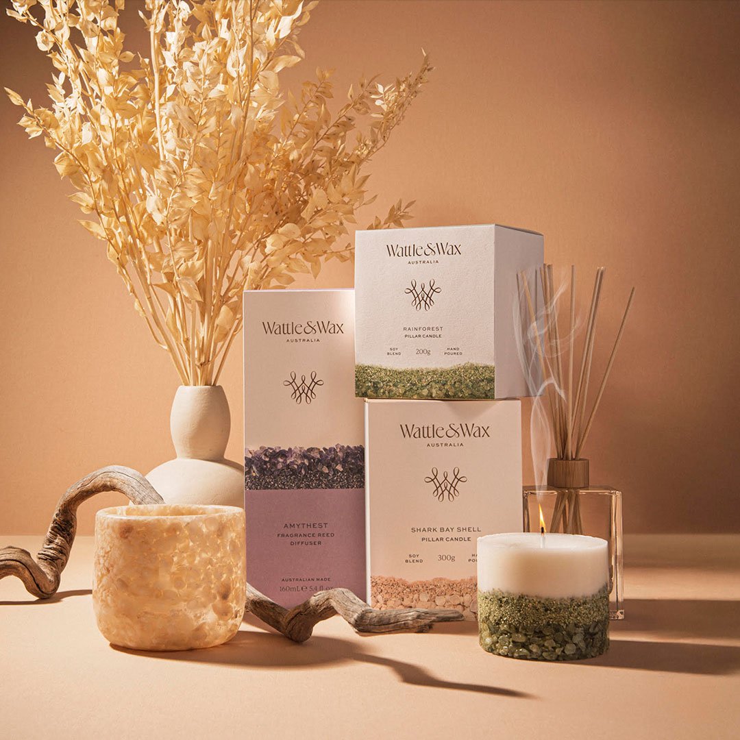 Custom packaging for Wattle & Wax's unique handcrafted, luxury candles