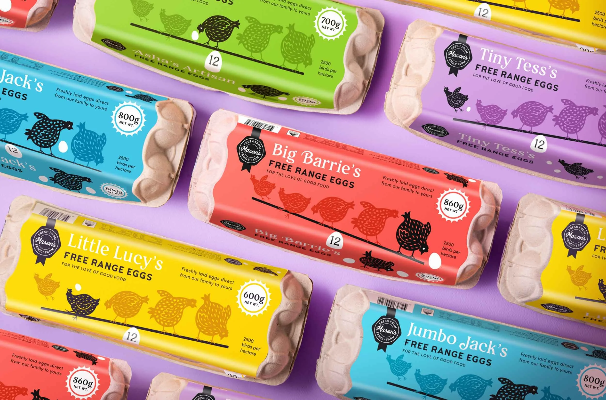 A flat lay photograph of Mason's Family Farm egg cartons showcasing the different sizes
