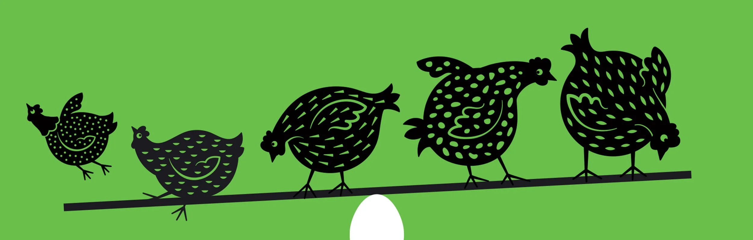 An illustration created by Dessein of the five different sized hens used on the Mason's Family Farm egg cartons to help differentiate the different sized eggs