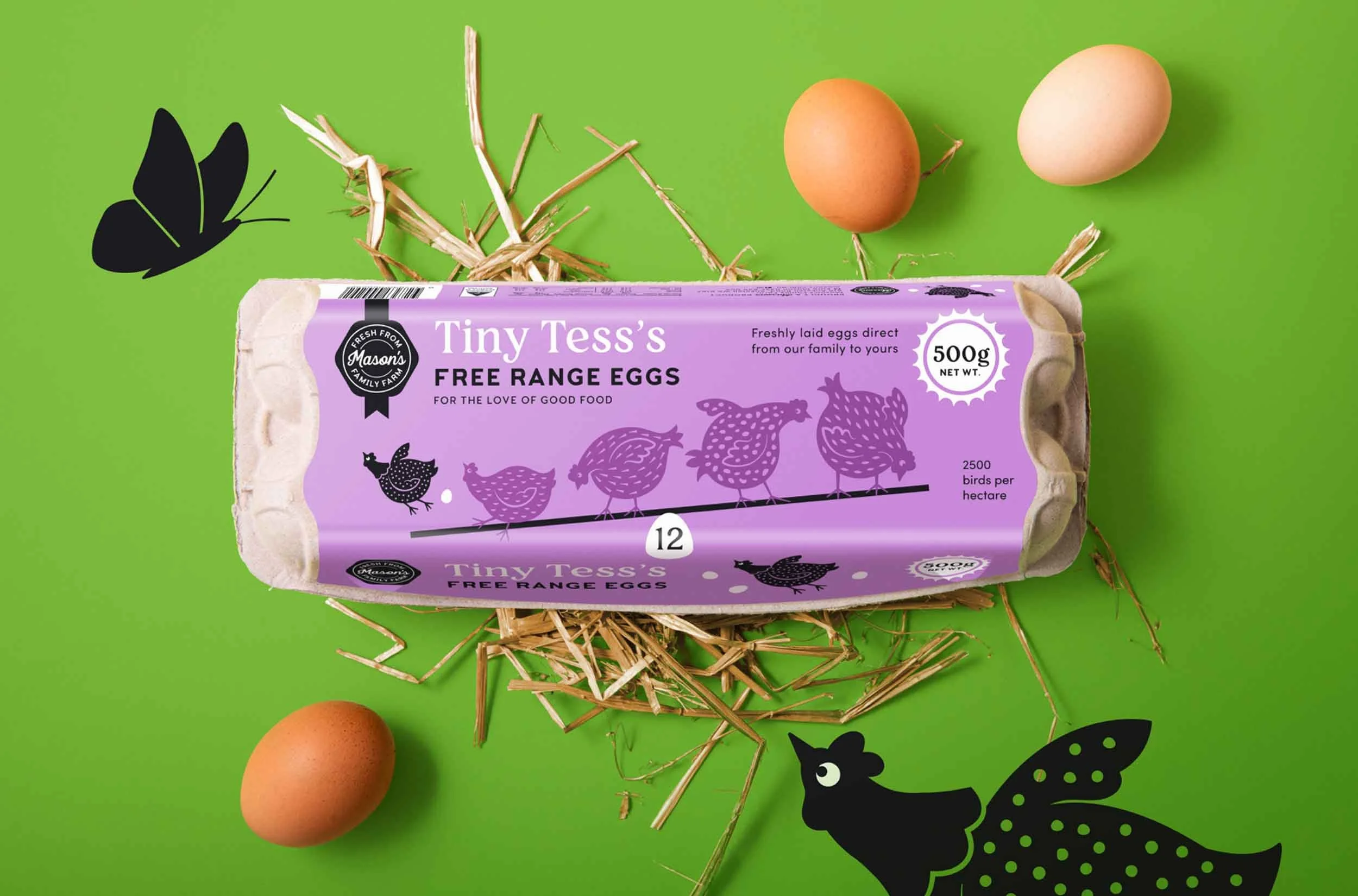 A flay lay stylised photograph of the Tiny Tess 500g eggs from Mason's Family Farm, surrounded by illustrations, straw and eggs