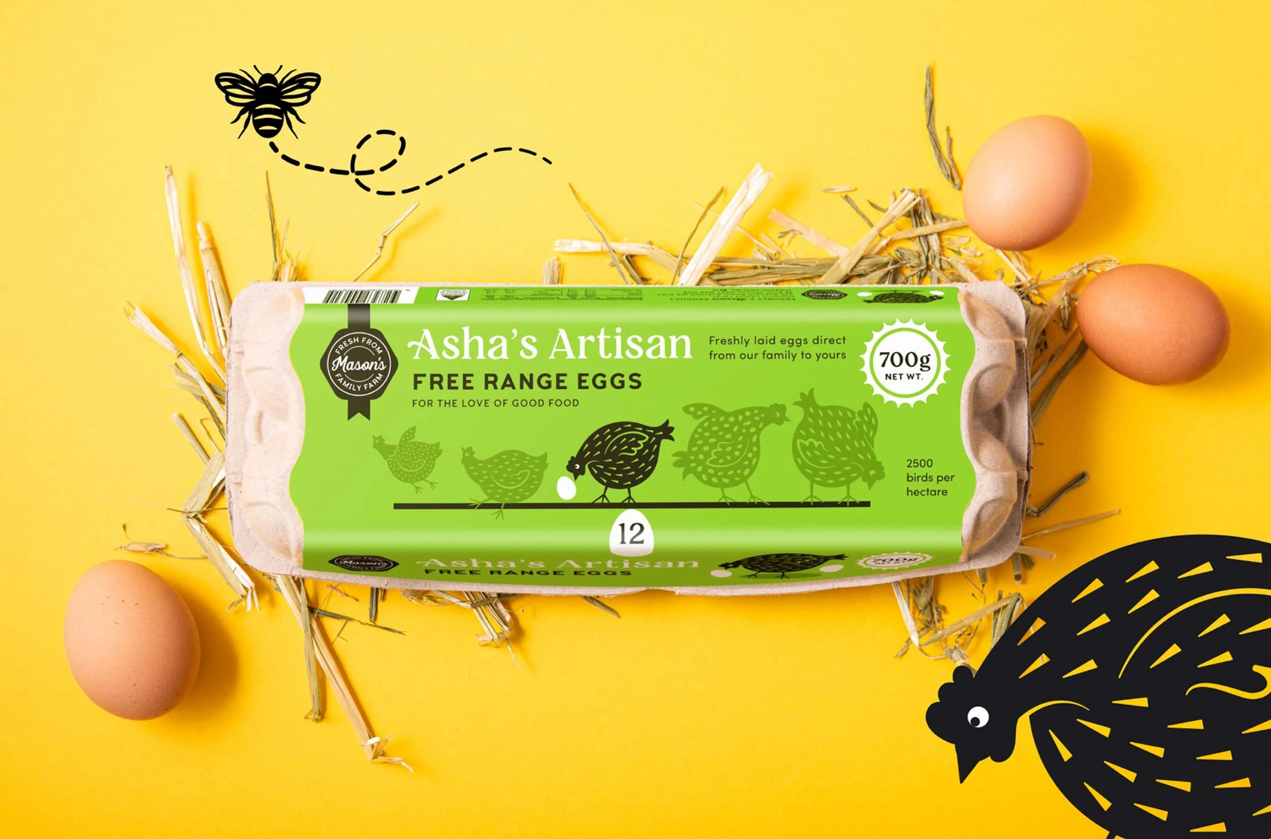 A flay lay stylised photograph of the Asha's Artisan 700g eggs from Mason's Family Farm, surrounded by illustrations, straw and eggs