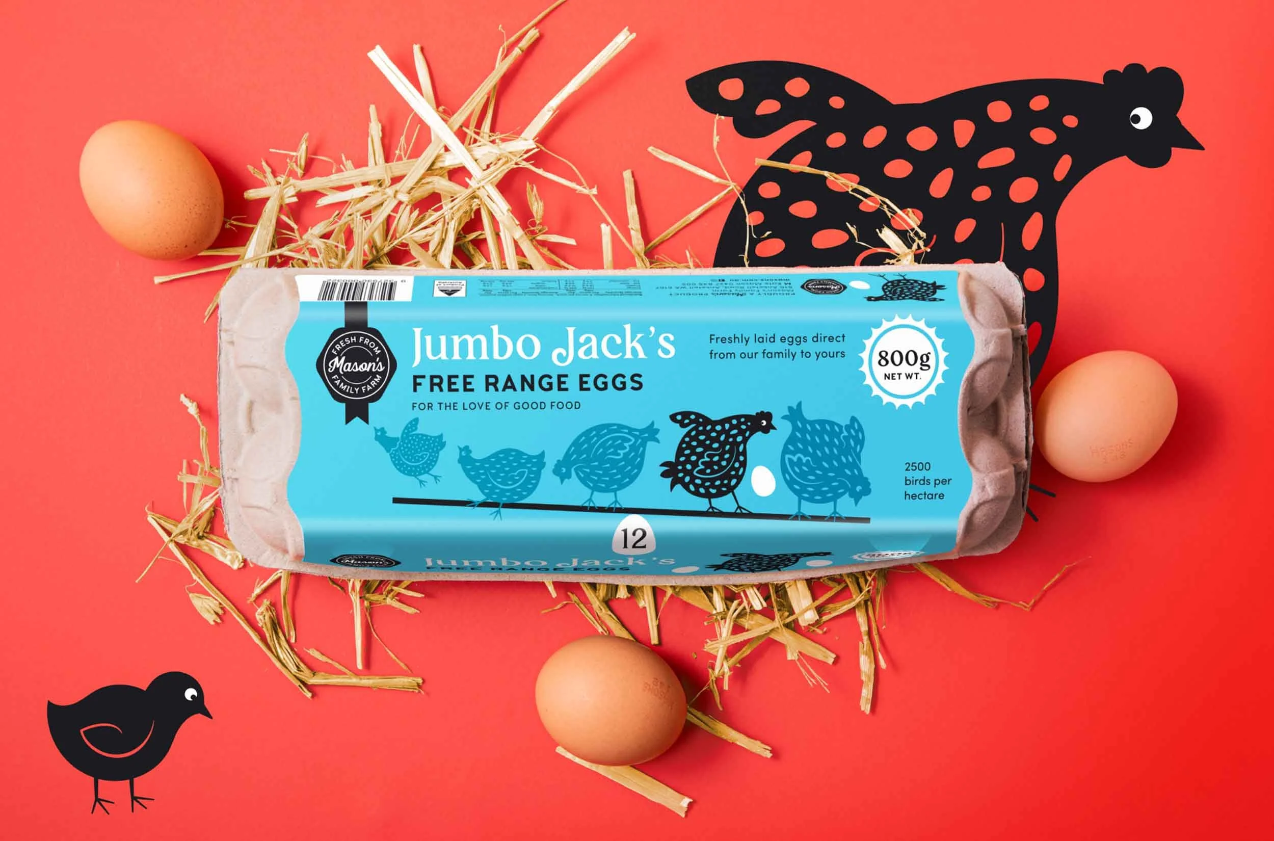 A flay lay stylised photograph of the Jumbo Jack's 800g eggs from Mason's Family Farm, surrounded by illustrations, straw and eggs
