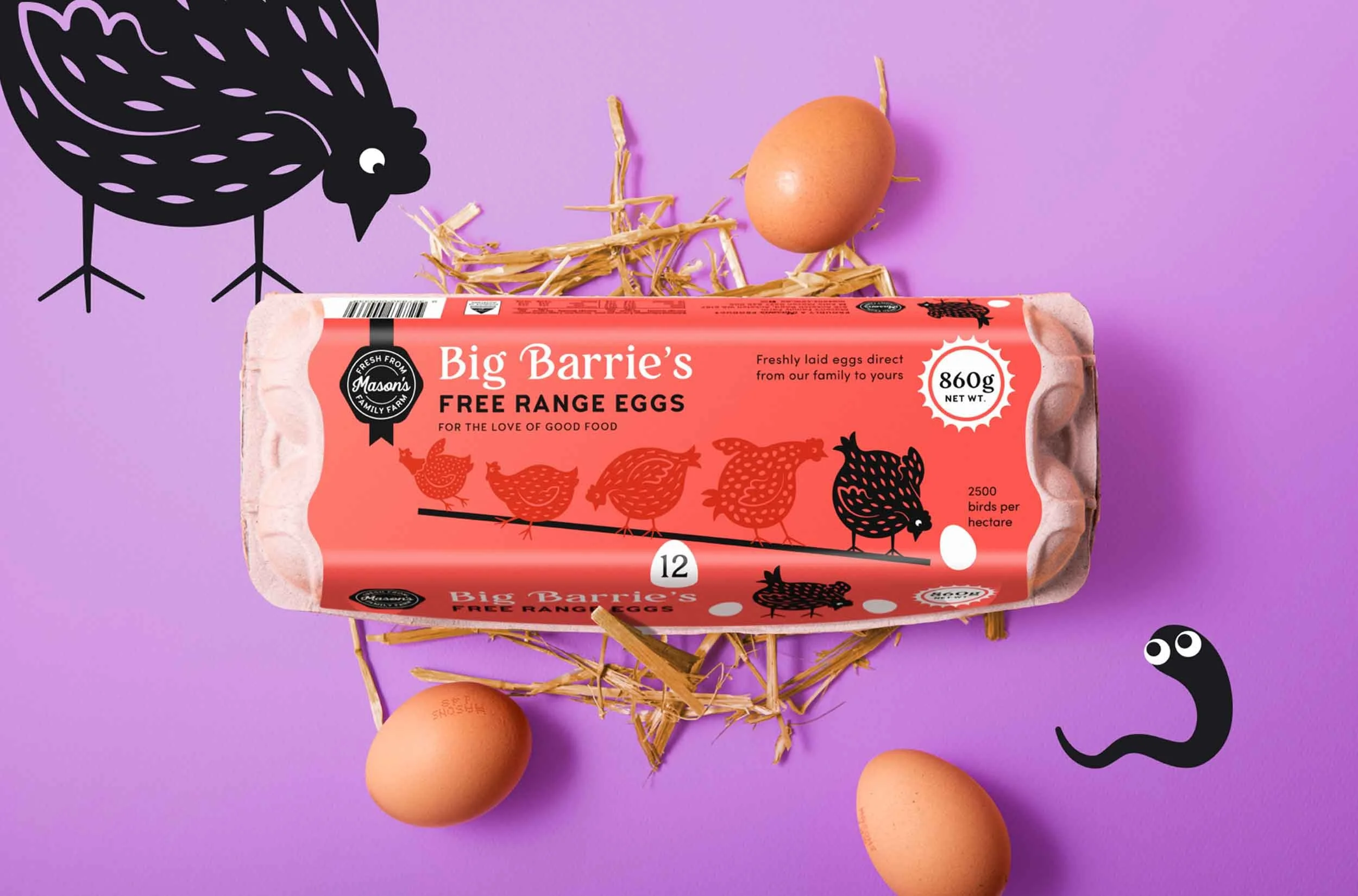 A flay lay stylised photograph of the Big Barrie's 860g eggs from Mason's Family Farm, surrounded by illustrations, straw and eggs