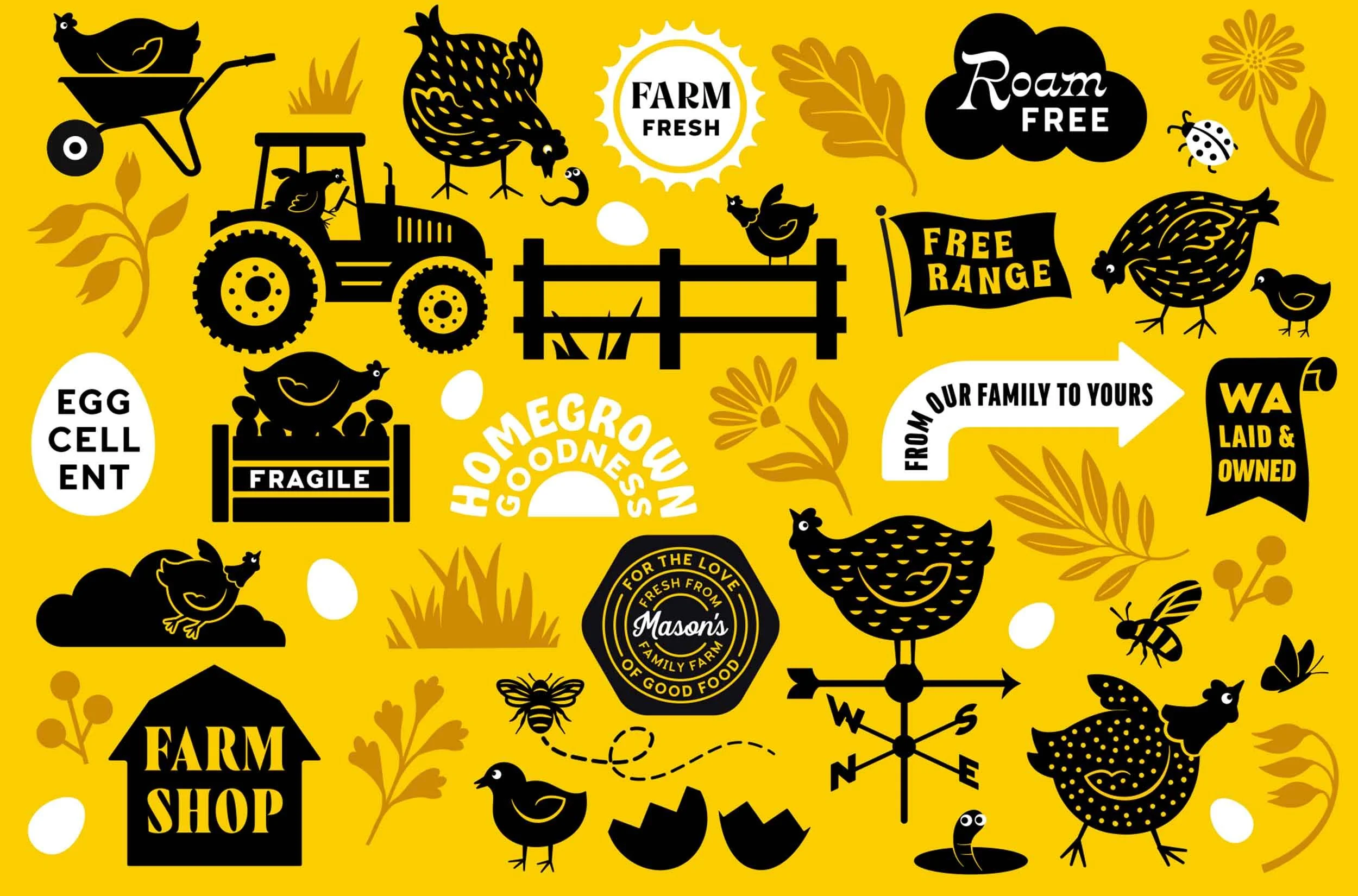A series of illustrations created by Dessein for Mason's Family Farm Fresh Eggs
