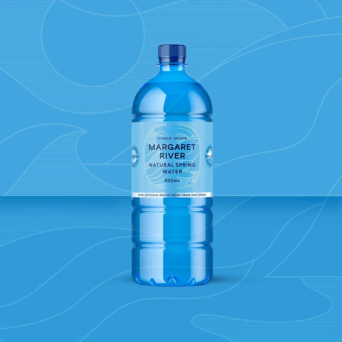 A 600ml bottle of Margaret River Natural Spring Water, branding created by Dessein
