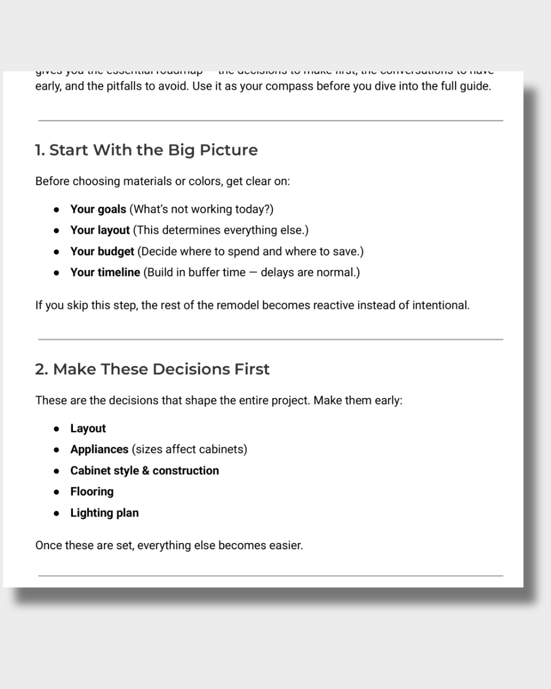 Guide page explaining the first decisions to make before starting a kitchen remodel, including layout, appliances, cabinets, flooring, and lighting.