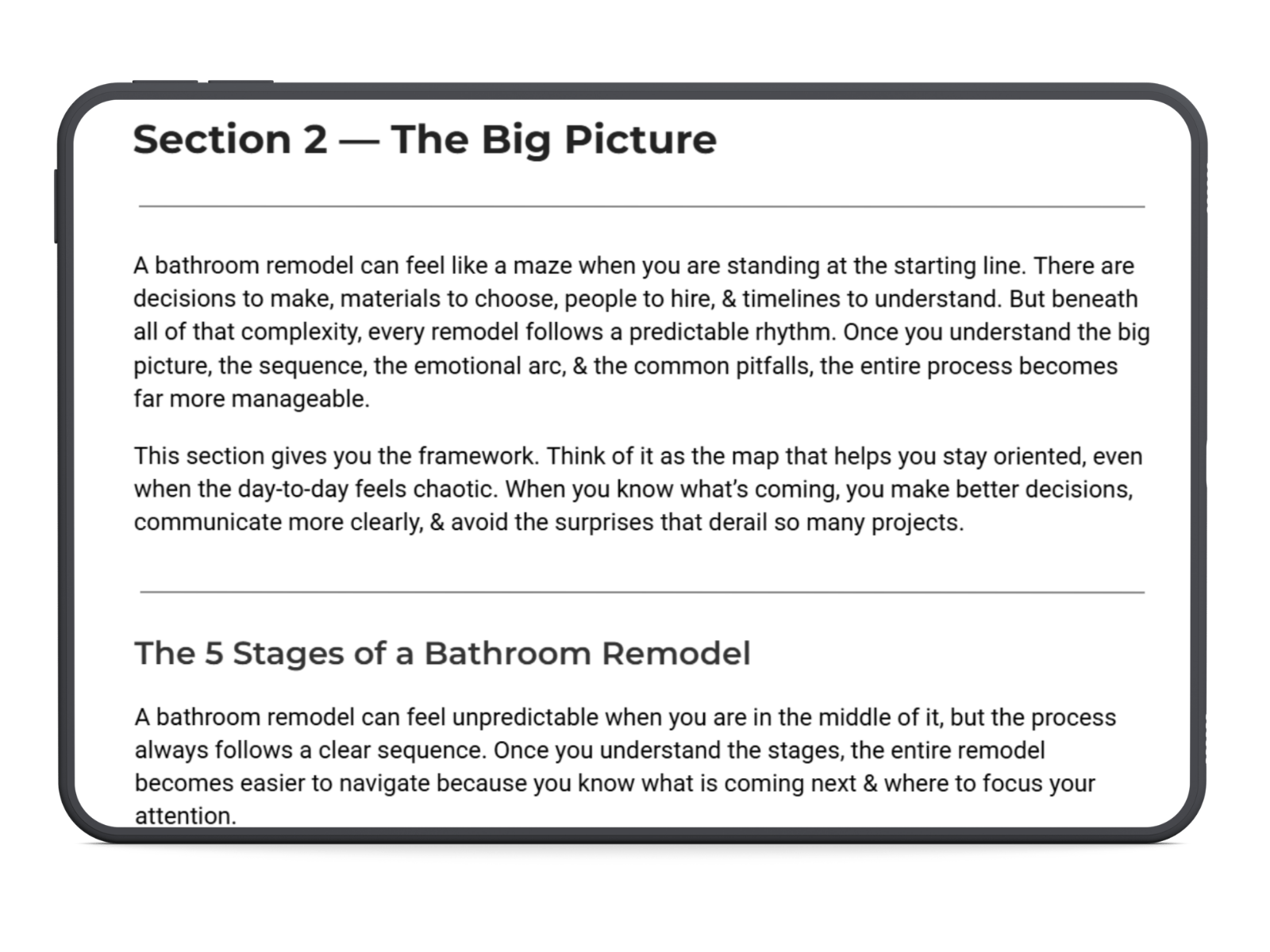 Tablet mockup showing the cover of the Homeowner’s Bathroom Remodel Guide by Renova Tools Co.