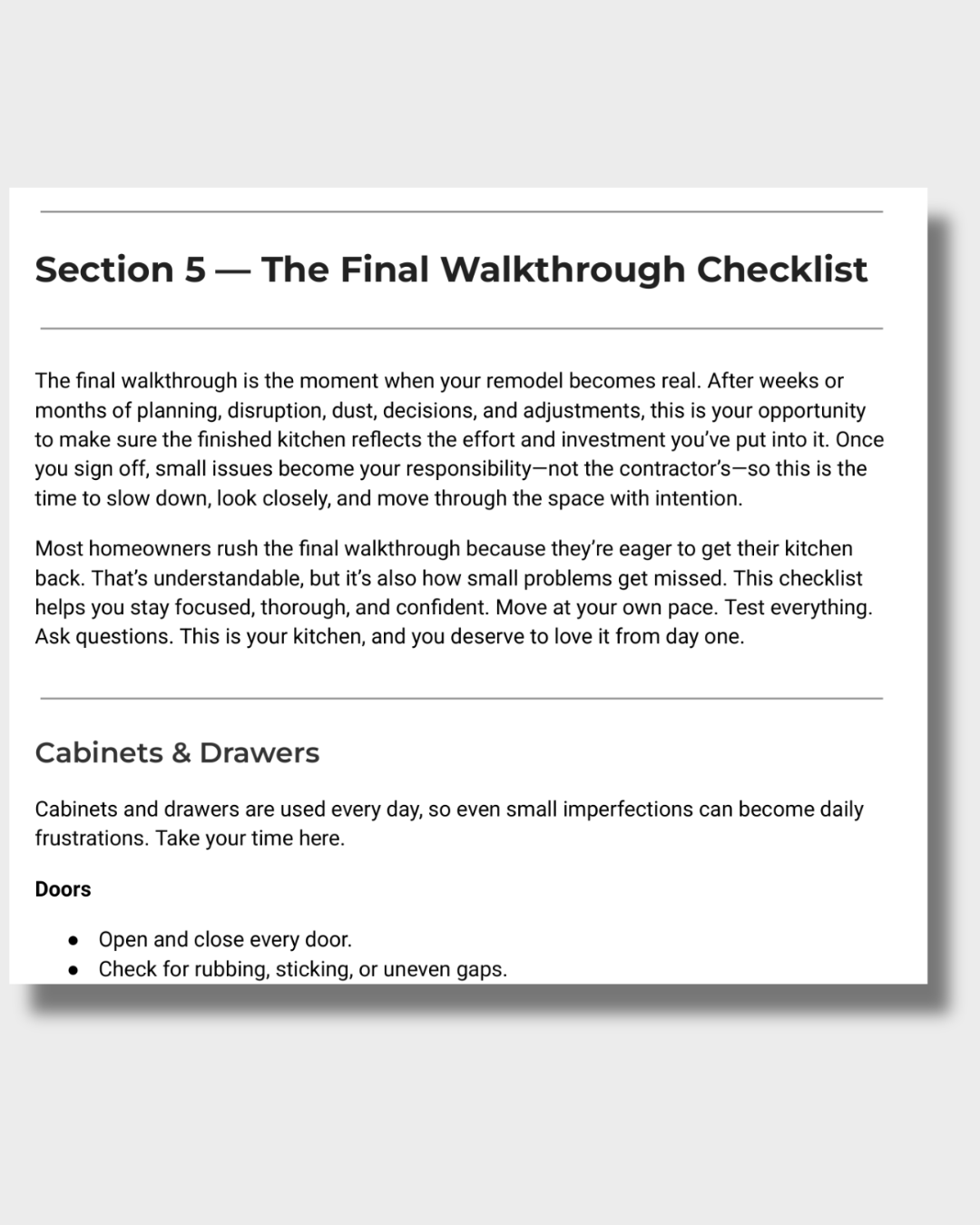 Checklist for inspecting cabinets, drawers, and finishes during the final walkthrough of a kitchen remodel.