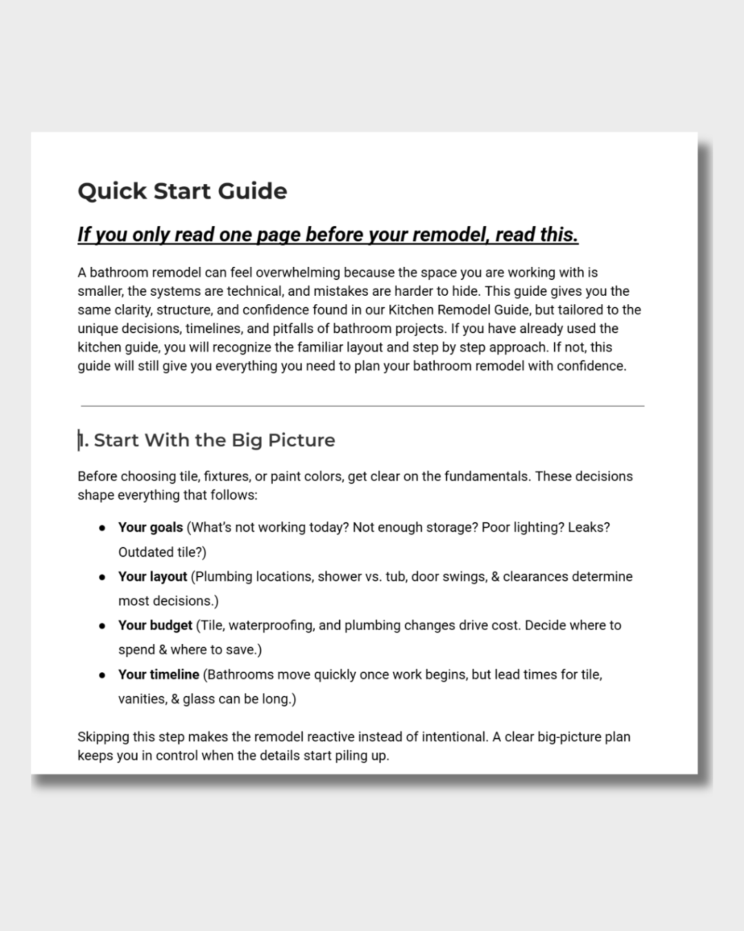 Guide page explaining the first decisions to make before starting a bathroom remodel, including shower system, tile, vanity, lighting, and ventilation.