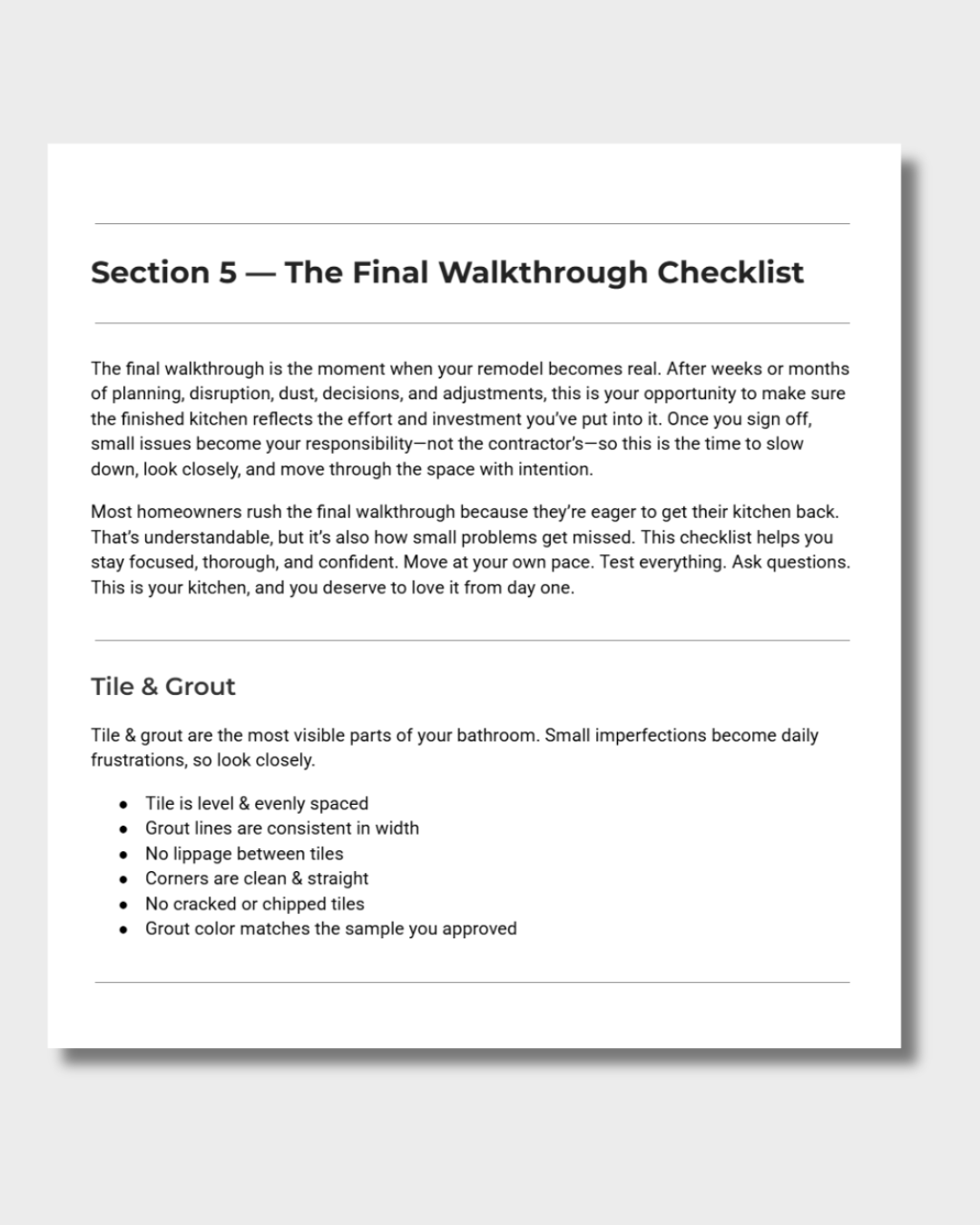 Checklist for inspecting tile, grout, slope, waterproofing, fixtures, and finishes during the final walkthrough of a bathroom remodel.