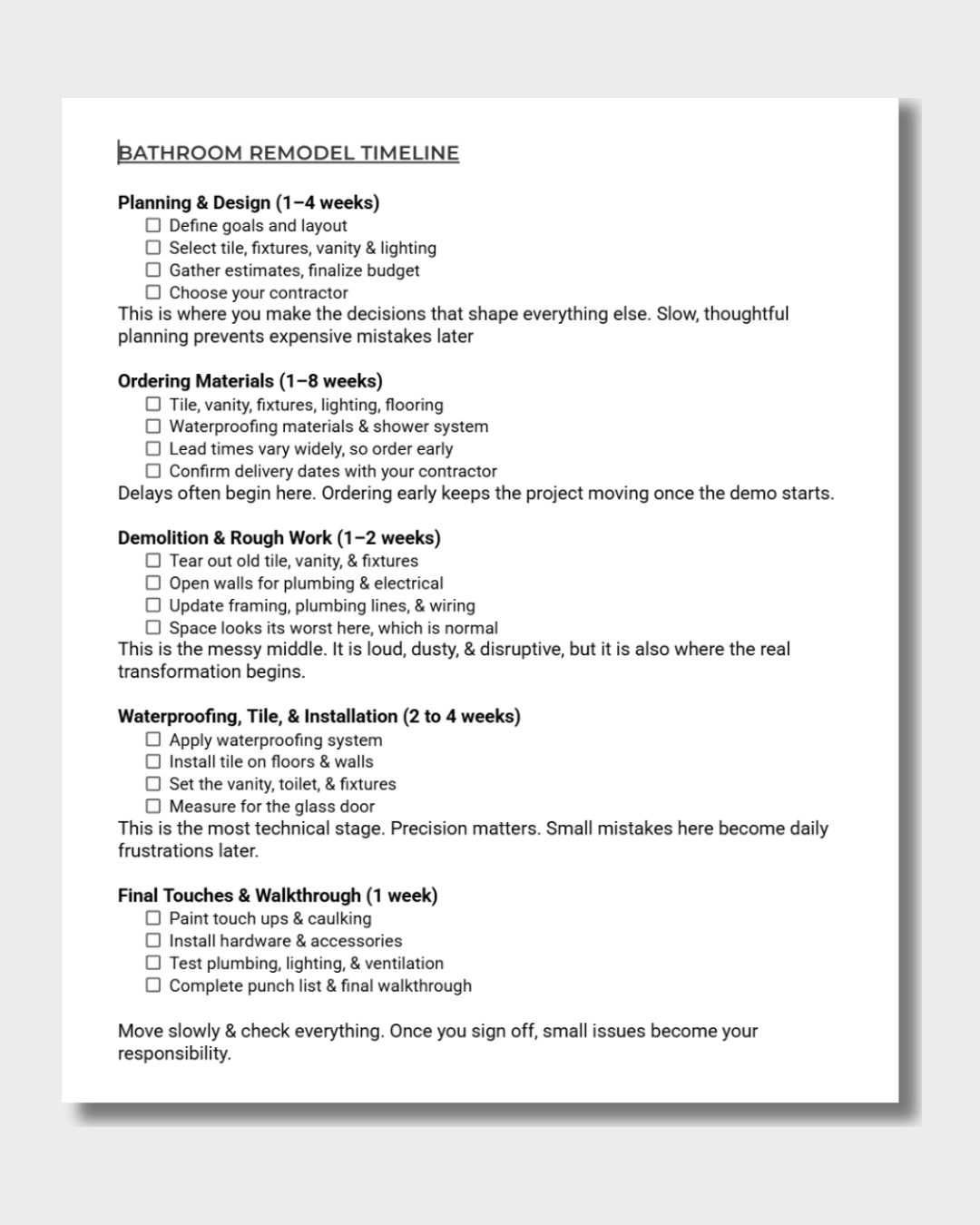 Bathroom remodel timeline showing the five stages from planning to final walkthrough, with estimated durations for each phase.