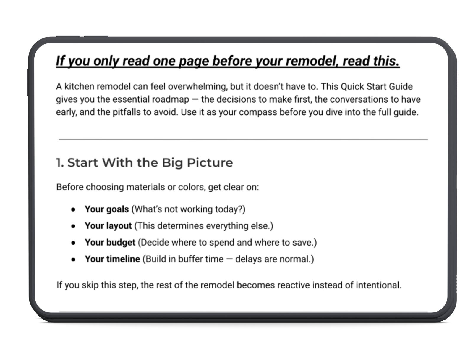 Tablet showing a preview page from the Kitchen Remodel Guide, including the quick start section for planning your remodel.