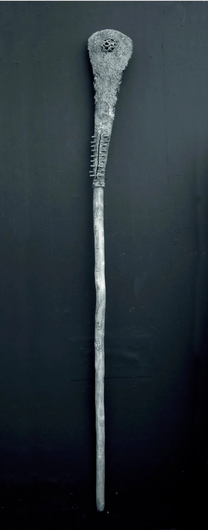 Pathing Stick #13, approximately 72",
mixed media on wood