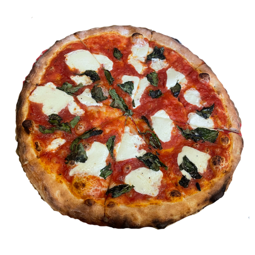 A cooked Margherita pizza with tomato sauce, mozzarella cheese, and fresh basil on a dark background.