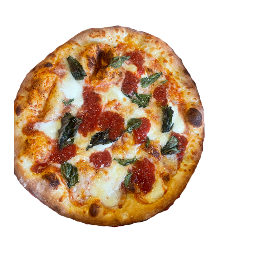 A cheese pizza topped with basil leaves and red sauce, with a golden-brown crust.