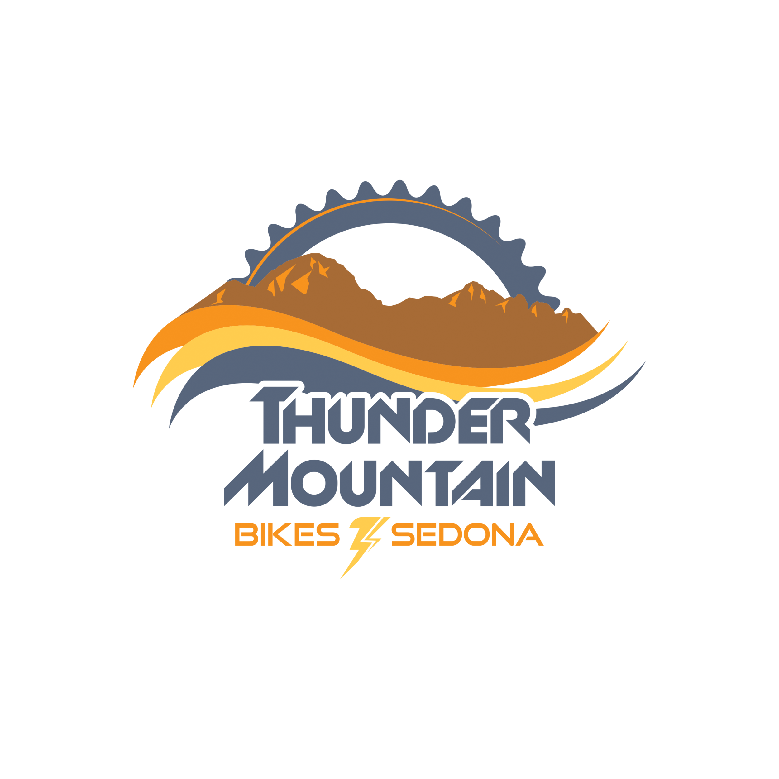 Thunder Mountain Bike Shop Logo including a graphic of mountains, lightning bolts, and a bike cog.  