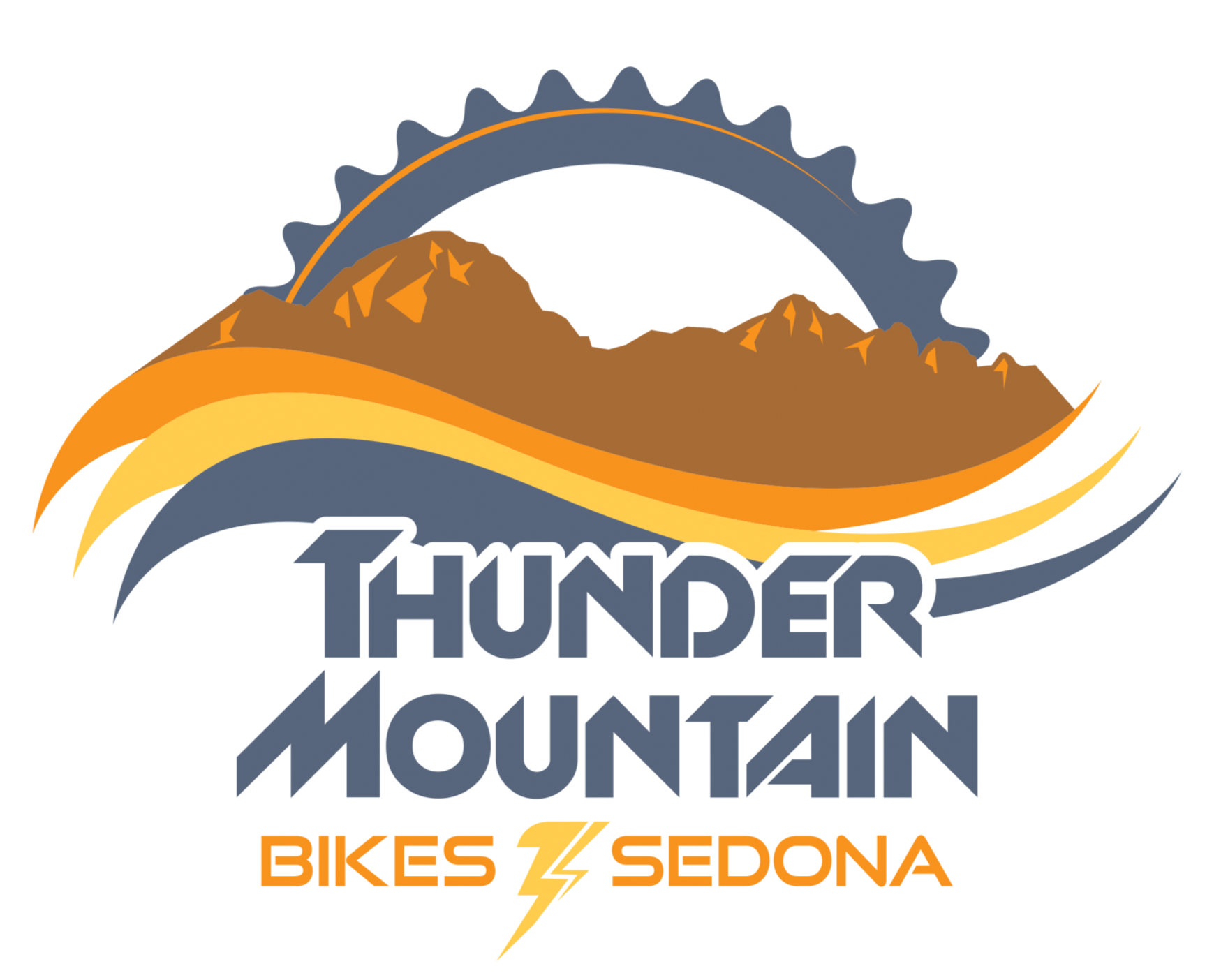 Logo of Thunder Mountain Bicycles and Sedona featuring mountain, canyon, and lightning bolt design in orange, yellow, and gray colors.