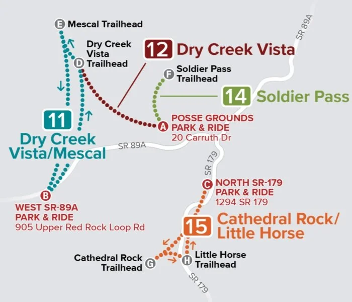 Sedona Trailhead shuttle map, Sedona free shuttle, Parking in Sedona, Avoiding Traffic in Sedona,