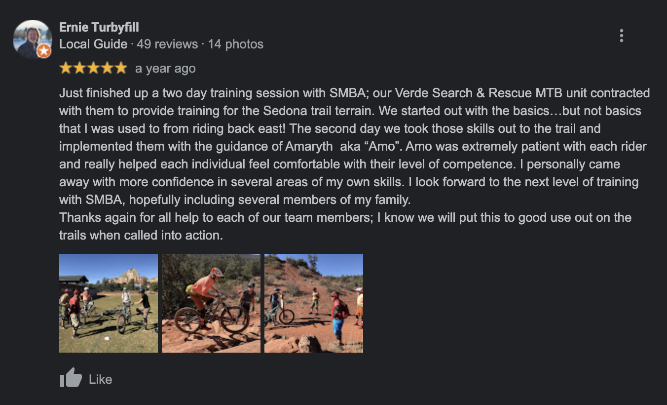 A screenshot of an 5 star online review for the Sedona Mountain Bike Academy, including a photo of three photos of people riding bikes and training outdoors in a desert landscape with rocky terrain and sparse vegetation.