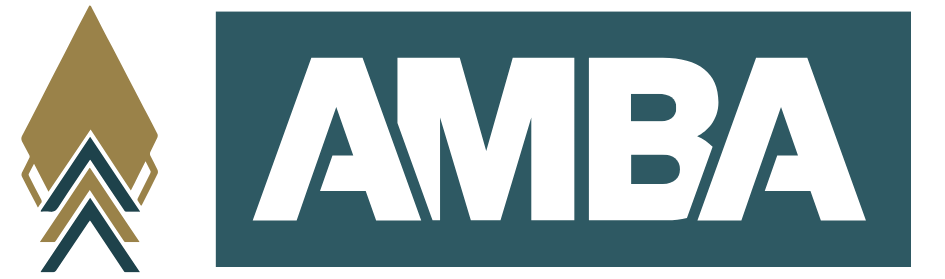 AMBA logo with stylized golden arrowhead and gray chevron design.