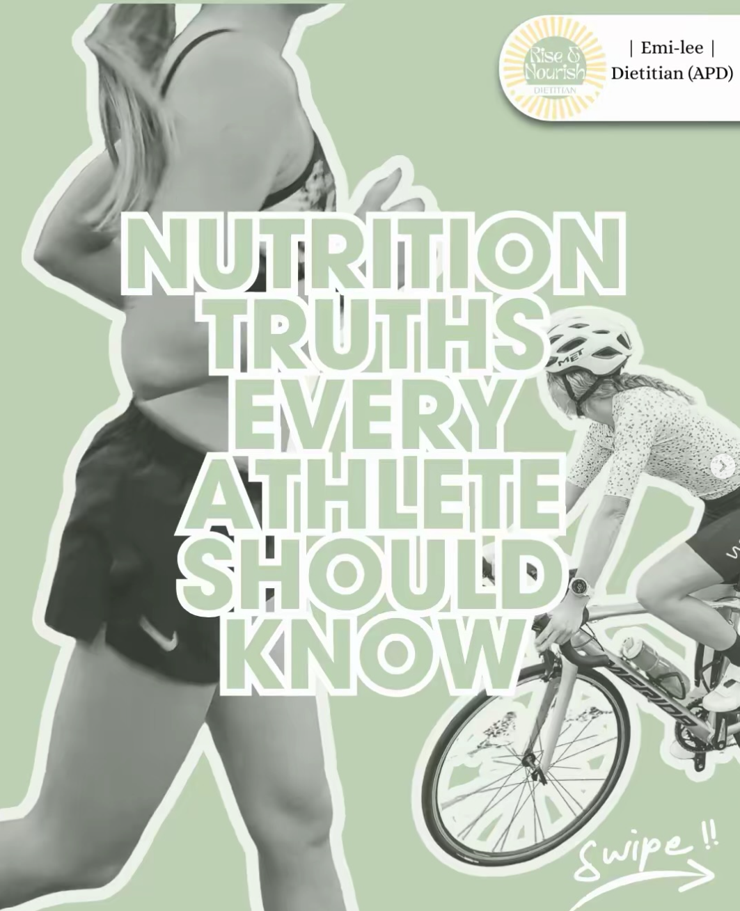 A graphic design featuring a woman in athletic wear, a person riding a bicycle wearing a helmet and sports attire, and text overlay that reads 'Nutrition Truths Every Athlete Should Know.' The image promotes sports nutrition education.